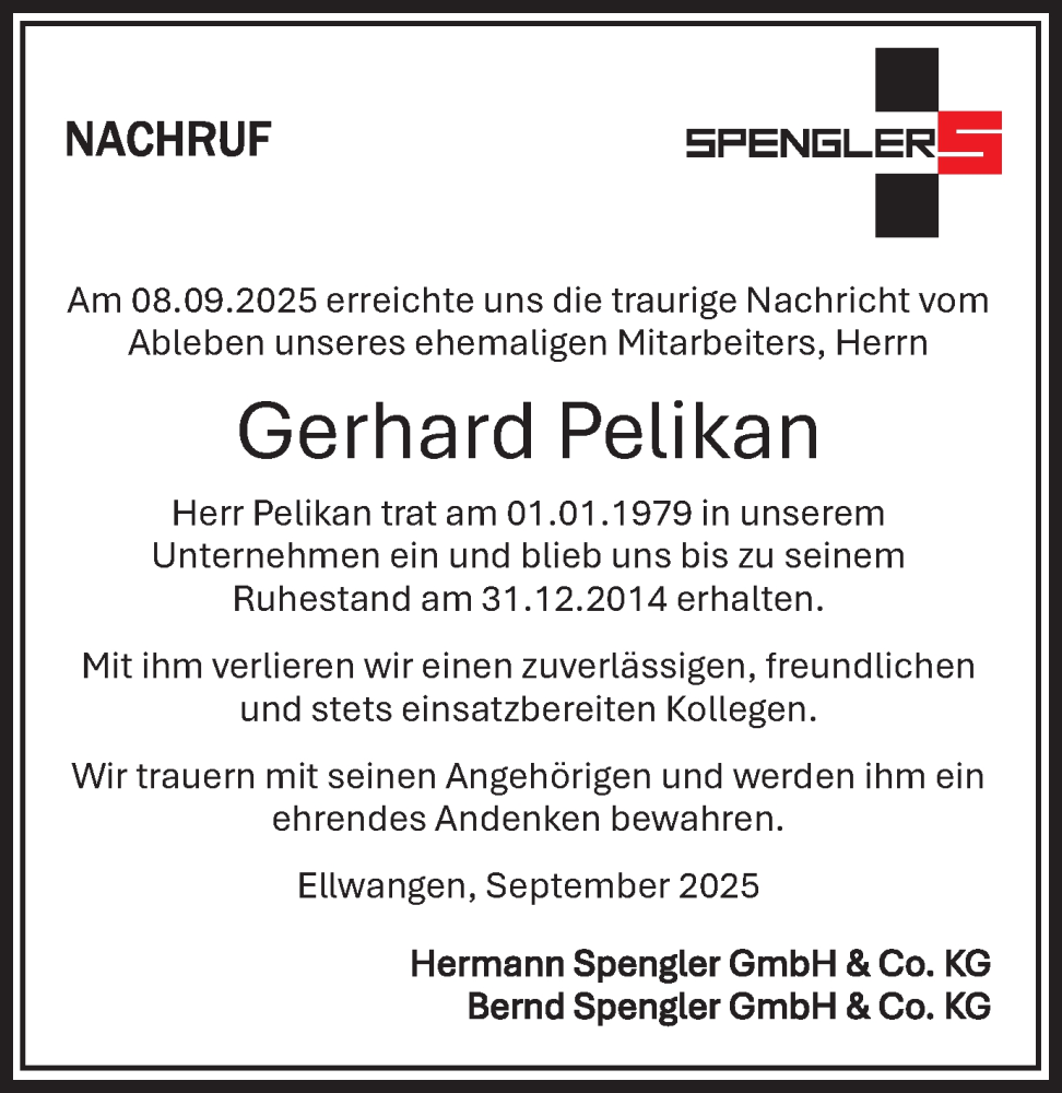  Traueranzeige für Gerhard Pelikan vom 27.09.2025 aus Schwäbische Post