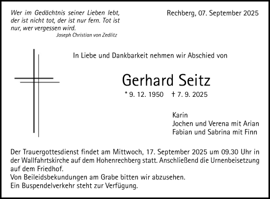 Traueranzeige von Gerhard Seitz von Gmünder Tagespost