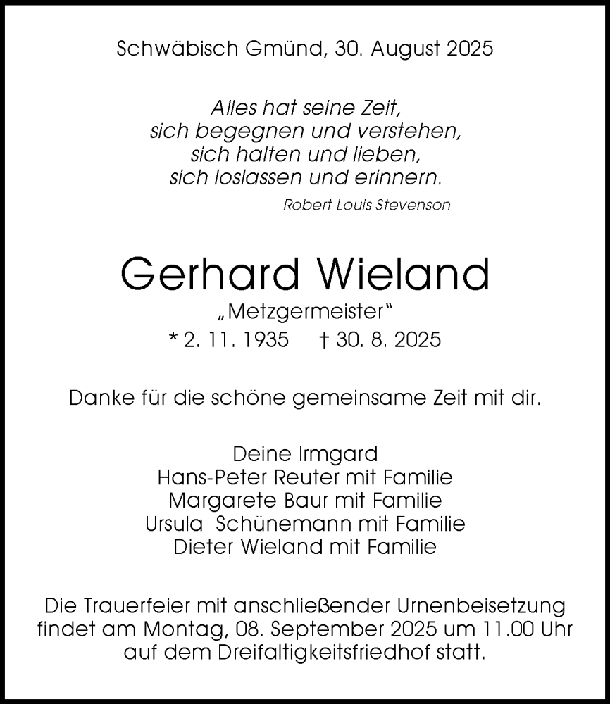  Traueranzeige für Gerhard Wieland vom 04.09.2025 aus Gmünder Tagespost