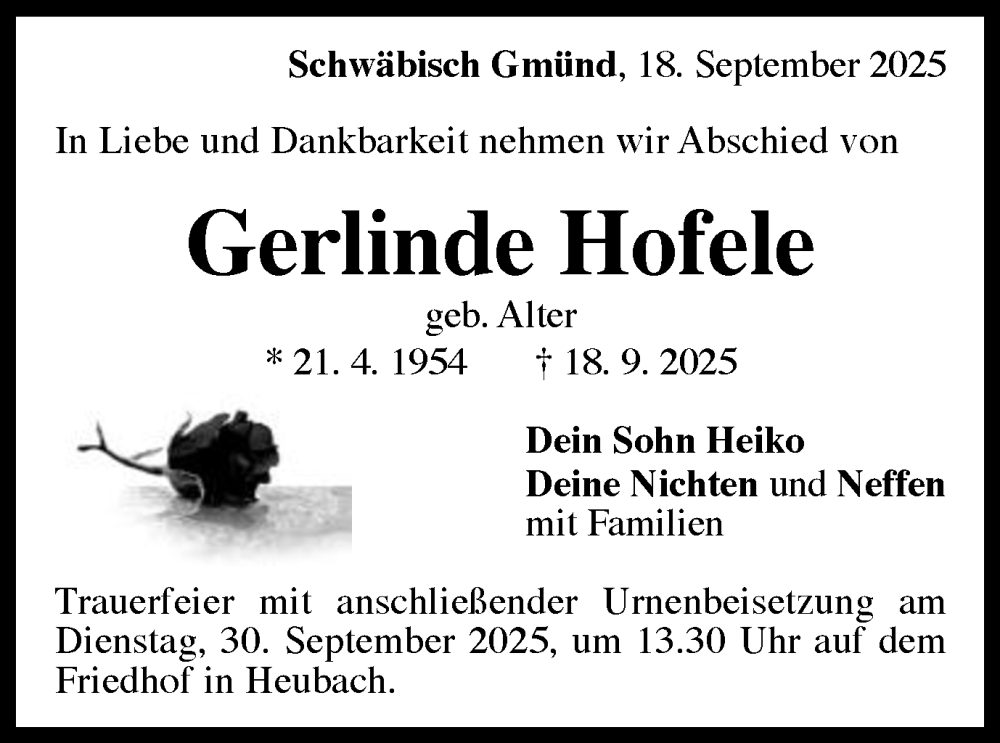  Traueranzeige für Gerlinde Hofele vom 27.09.2025 aus Gmünder Tagespost