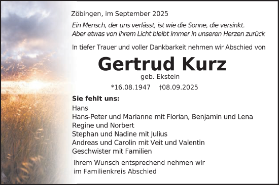 Traueranzeige von Gertrud Kurz von Schwäbische Post
