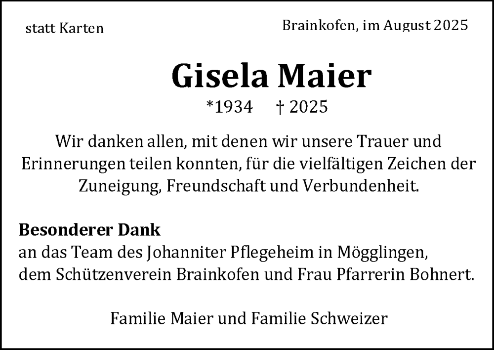  Traueranzeige für Gisela Maier vom 06.09.2025 aus Gmünder Tagespost