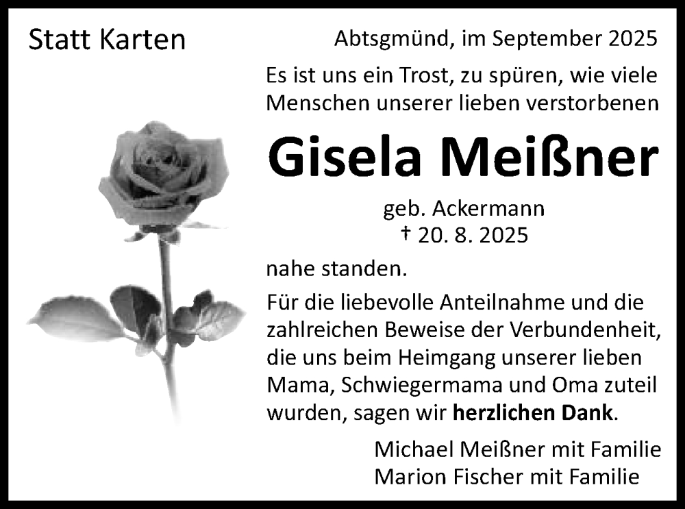  Traueranzeige für Gisela Meißner vom 30.09.2025 aus Schwäbische Post