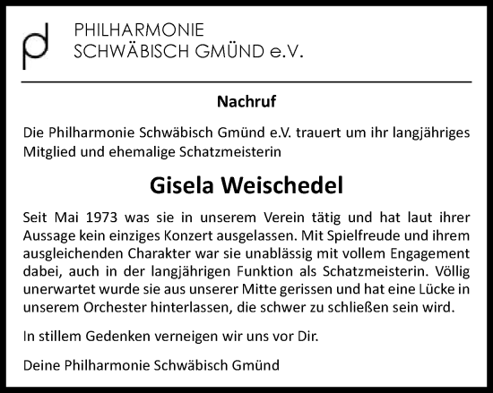 Traueranzeige von Gisela Weischedel von Gmünder Tagespost