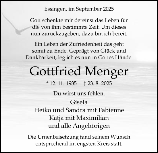 Traueranzeige von Gottfried Menger von Schwäbische Post