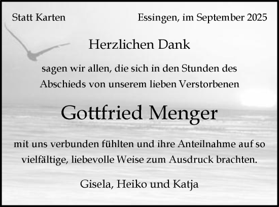 Traueranzeige von Gottfried Menger von Schwäbische Post