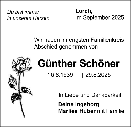 Traueranzeige von Günther Schöner von Gmünder Tagespost