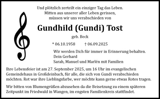 Traueranzeige von Gundhild Tost von Gmünder Tagespost