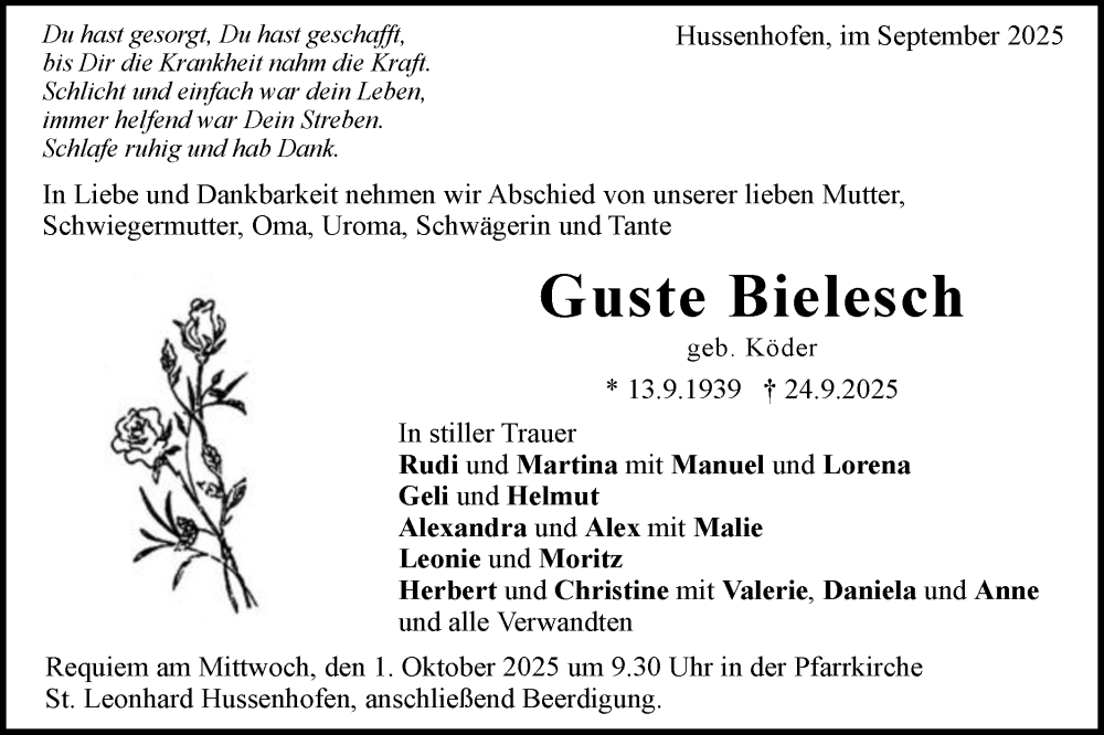  Traueranzeige für Guste Bielesch vom 27.09.2025 aus Gmünder Tagespost