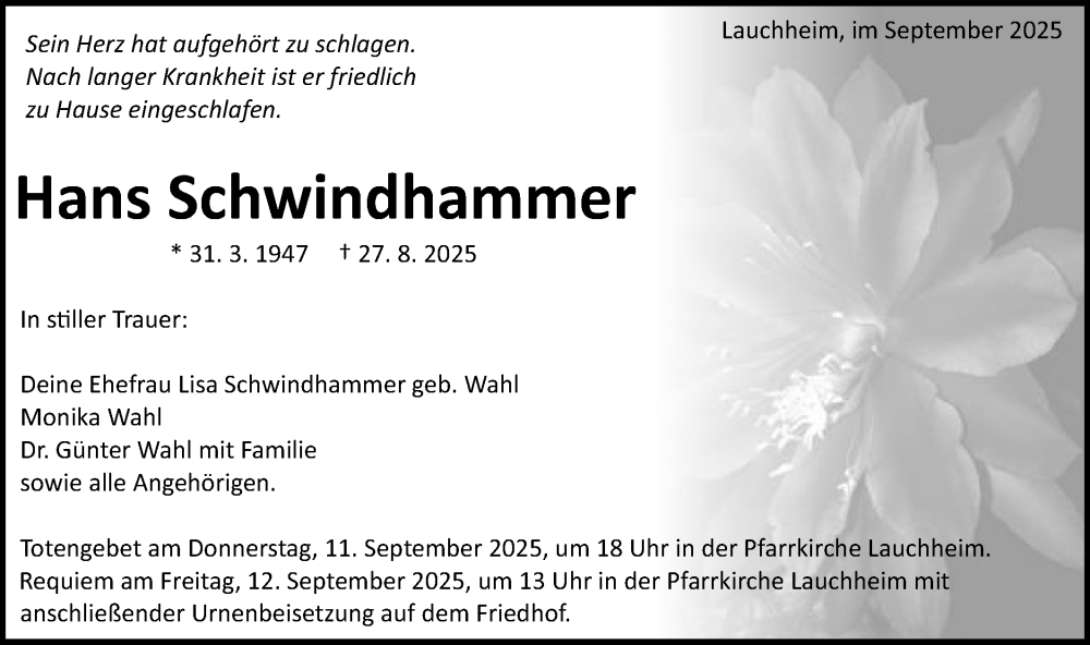 Traueranzeige für Hans Schwindhammer vom 09.09.2025 aus Schwäbische Post