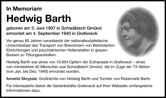 Traueranzeige von Hedwig Barth von Gmünder Tagespost