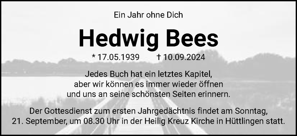  Traueranzeige für Hedwig Bees vom 19.09.2025 aus Schwäbische Post