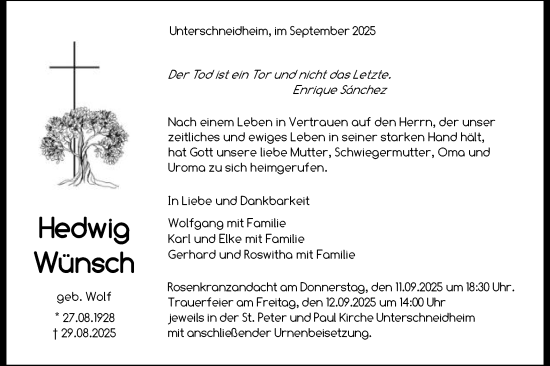 Traueranzeige von Hedwig Wünsch von Schwäbische Post