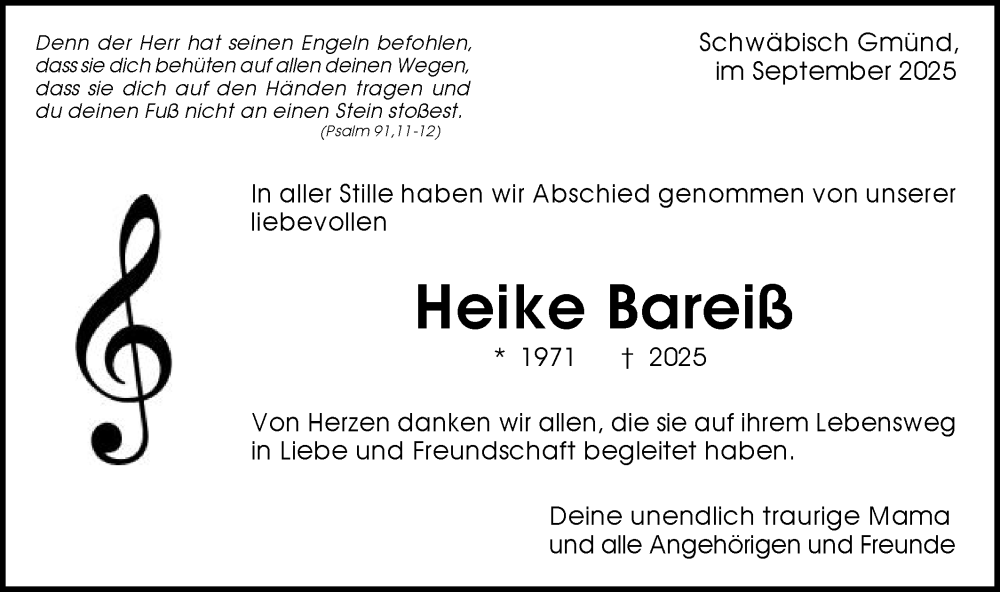  Traueranzeige für Heike Bareiß vom 13.09.2025 aus Gmünder Tagespost