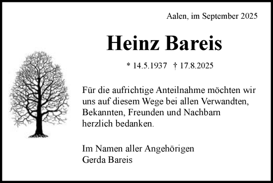 Traueranzeige von Heinz Bareis von Schwäbische Post