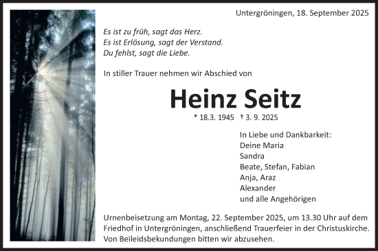 Traueranzeige von Heinz Seitz von Gmünder Tagespost