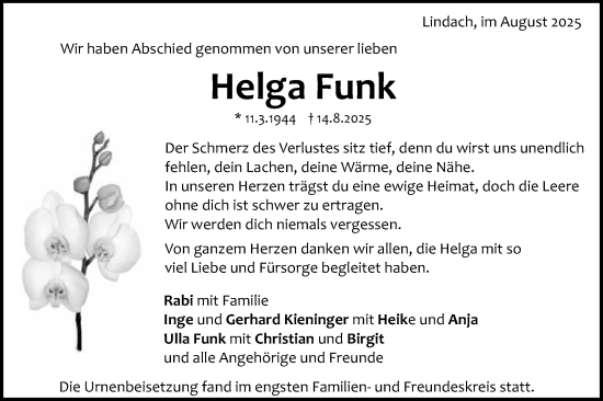 Traueranzeige von Helga Funk von Gmünder Tagespost