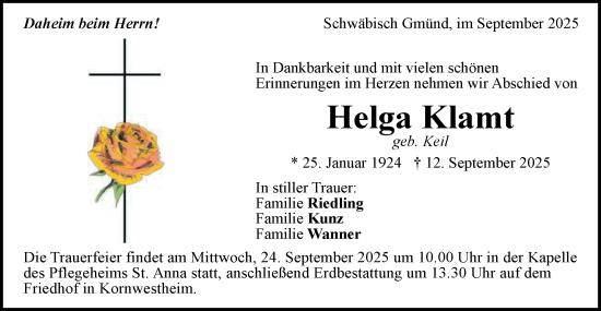 Traueranzeige von Helga Klamt von Gmünder Tagespost