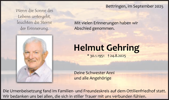 Traueranzeige von Helmut Gehring von Gmünder Tagespost