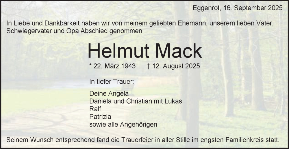  Traueranzeige für Helmut Mack vom 16.09.2025 aus Schwäbische Post