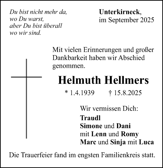 Traueranzeige von Helmuth Hellmers von Gmünder Tagespost