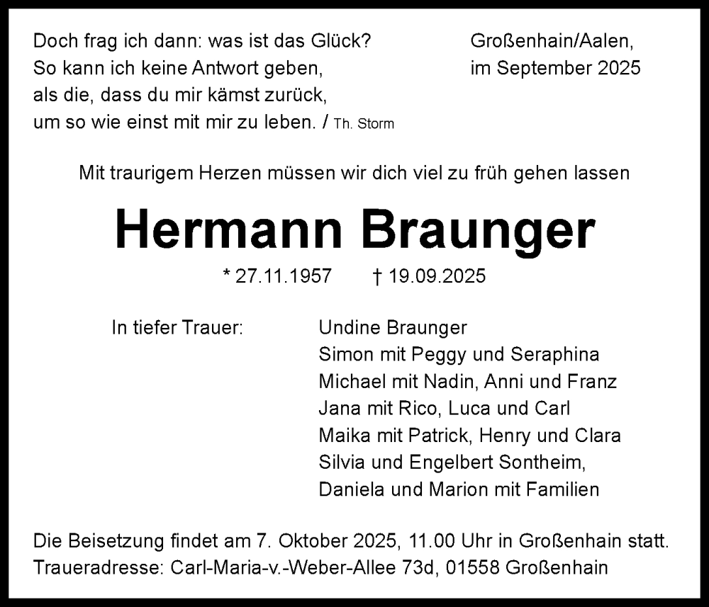  Traueranzeige für Hermann Braunger vom 24.09.2025 aus Schwäbische Post