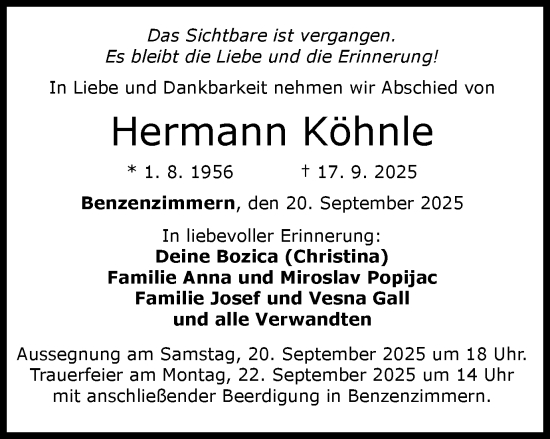 Traueranzeige von Hermann Köhnle von Schwäbische Post