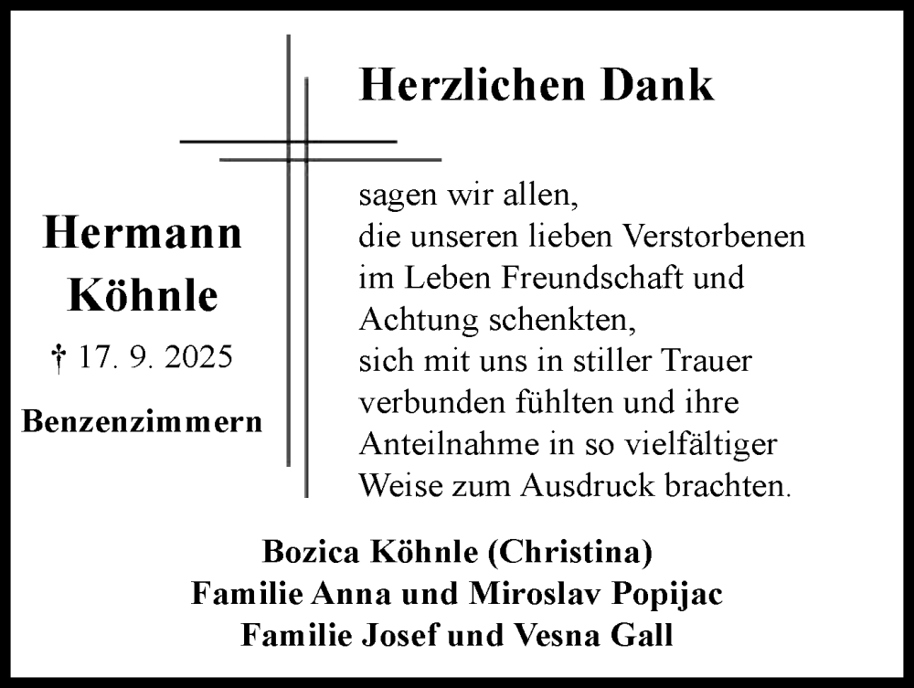  Traueranzeige für Hermann Köhnle vom 27.09.2025 aus Schwäbische Post