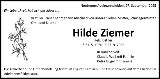 Traueranzeige von Hilde Ziemer von Schwäbische Post