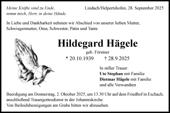 Traueranzeige von Hildegard Hägele von Gmünder Tagespost