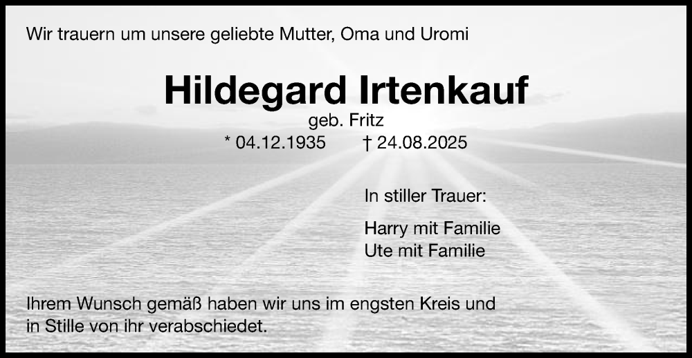  Traueranzeige für Hildegard Irtenkauf vom 17.09.2025 aus Schwäbische Post