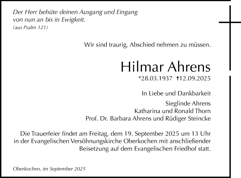  Traueranzeige für Hilmar Ahrens vom 17.09.2025 aus Schwäbische Post