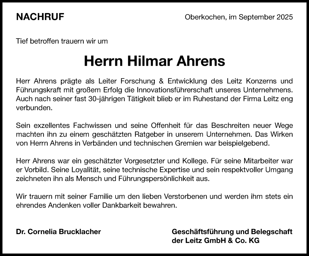  Traueranzeige für Hilmar Ahrens vom 18.09.2025 aus Schwäbische Post