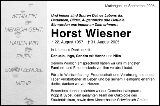 Traueranzeige von Horst Wiesner von Gmünder Tagespost