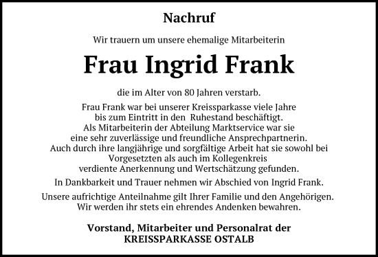 Traueranzeige von Ingrid Frank von Schwäbische Post