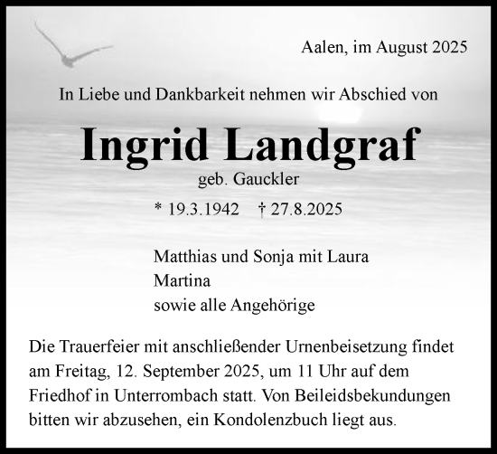 Traueranzeige von Ingrid Landgraf von Schwäbische Post