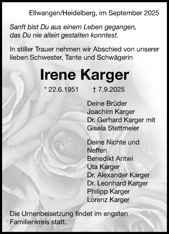 Traueranzeige von Irene Karger von Schwäbische Post