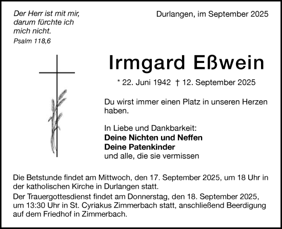 Traueranzeige von Irmgard Ebwein von Gmünder Tagespost
