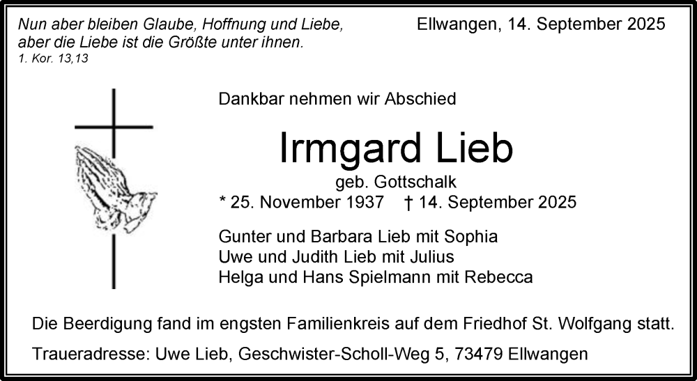  Traueranzeige für Irmgard Lieb vom 23.09.2025 aus Schwäbische Post