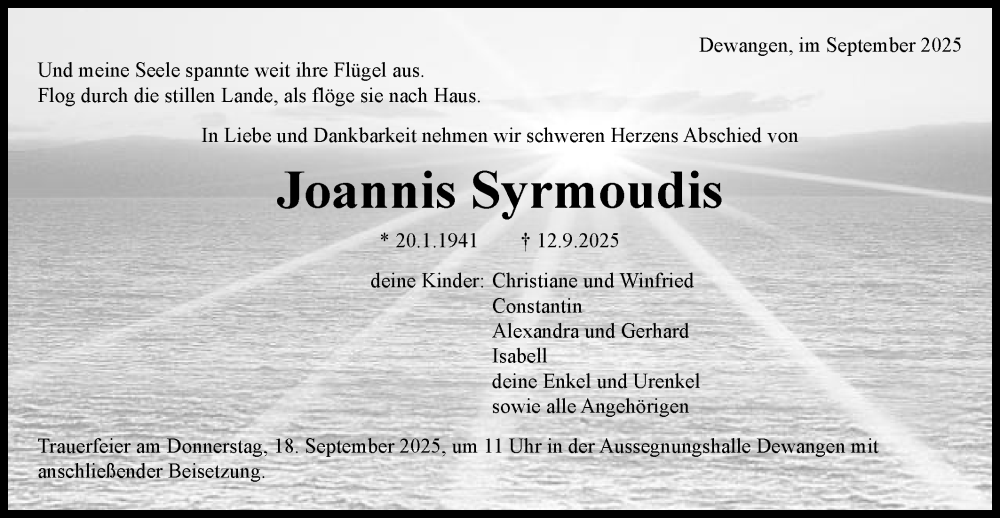 Traueranzeige für Joannis Syrmoudis vom 16.09.2025 aus Schwäbische Post