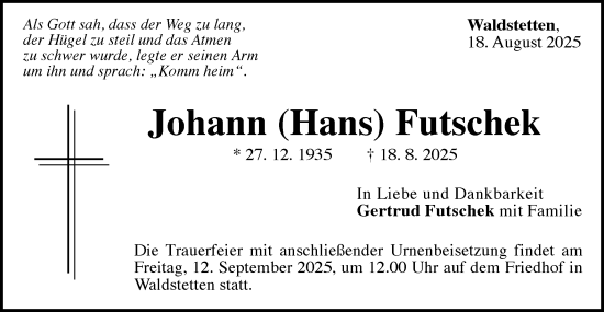 Traueranzeige von Johann  Futschek von Gmünder Tagespost