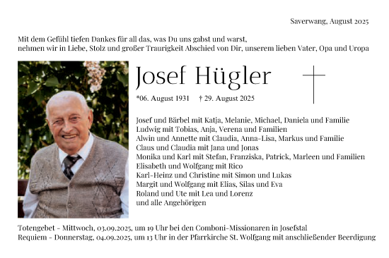 Traueranzeige von Josef Hügler von Schwäbische Post