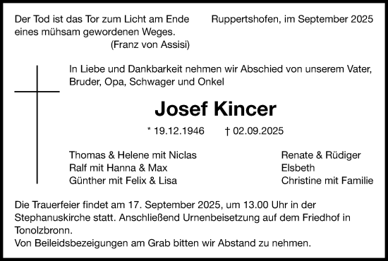 Traueranzeige von Josef Kincer von Gmünder Tagespost