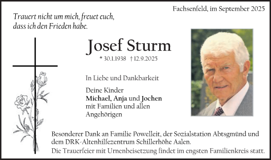 Traueranzeige von Josef Sturm von Schwäbische Post