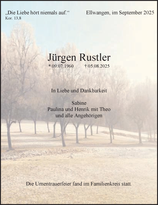Traueranzeige von Jürgen Rustler von Schwäbische Post