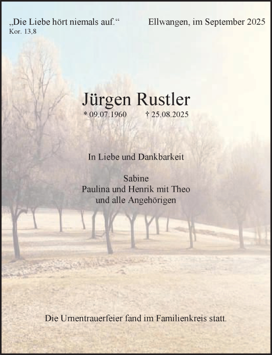 Traueranzeige von Jürgen Rustler von Schwäbische Post