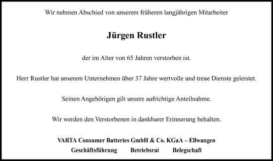 Traueranzeige von Jürgen Rustler von Schwäbische Post
