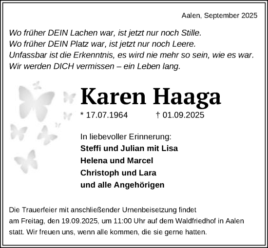Traueranzeige von Karen Haaga von Schwäbische Post