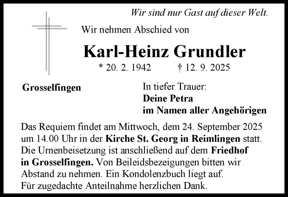  Traueranzeige für Karl-Heinz Grundler vom 20.09.2025 aus Schwäbische Post