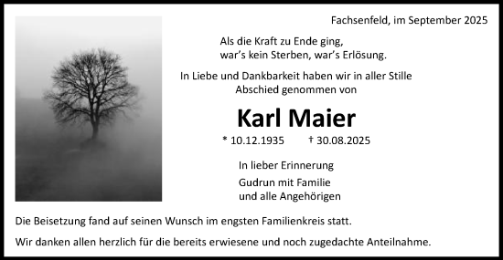 Traueranzeige von Karl Maier von Schwäbische Post
